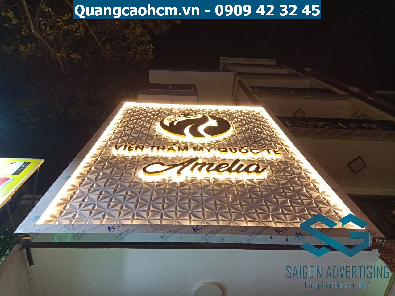 Làm bảng hiệu quận 3 giá rẻ, Thiết kế lắp đặt miễn phí 5 Bảng hiệu tấm ốp 3D Spa Amelia